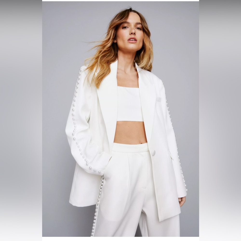 Nasty Gal White Blazer with Pearl Detailing